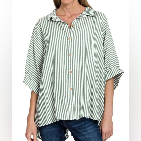 Tops - BUTTON UP OVERSIZED STRIPED SHORT SLEEVE TOP IN WHITE AND GREEN SIZE SMALL